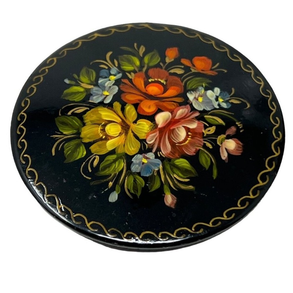 Vintage Metal Handpainted Brooch Black with Orange and Yellow‎ Flowered Pin